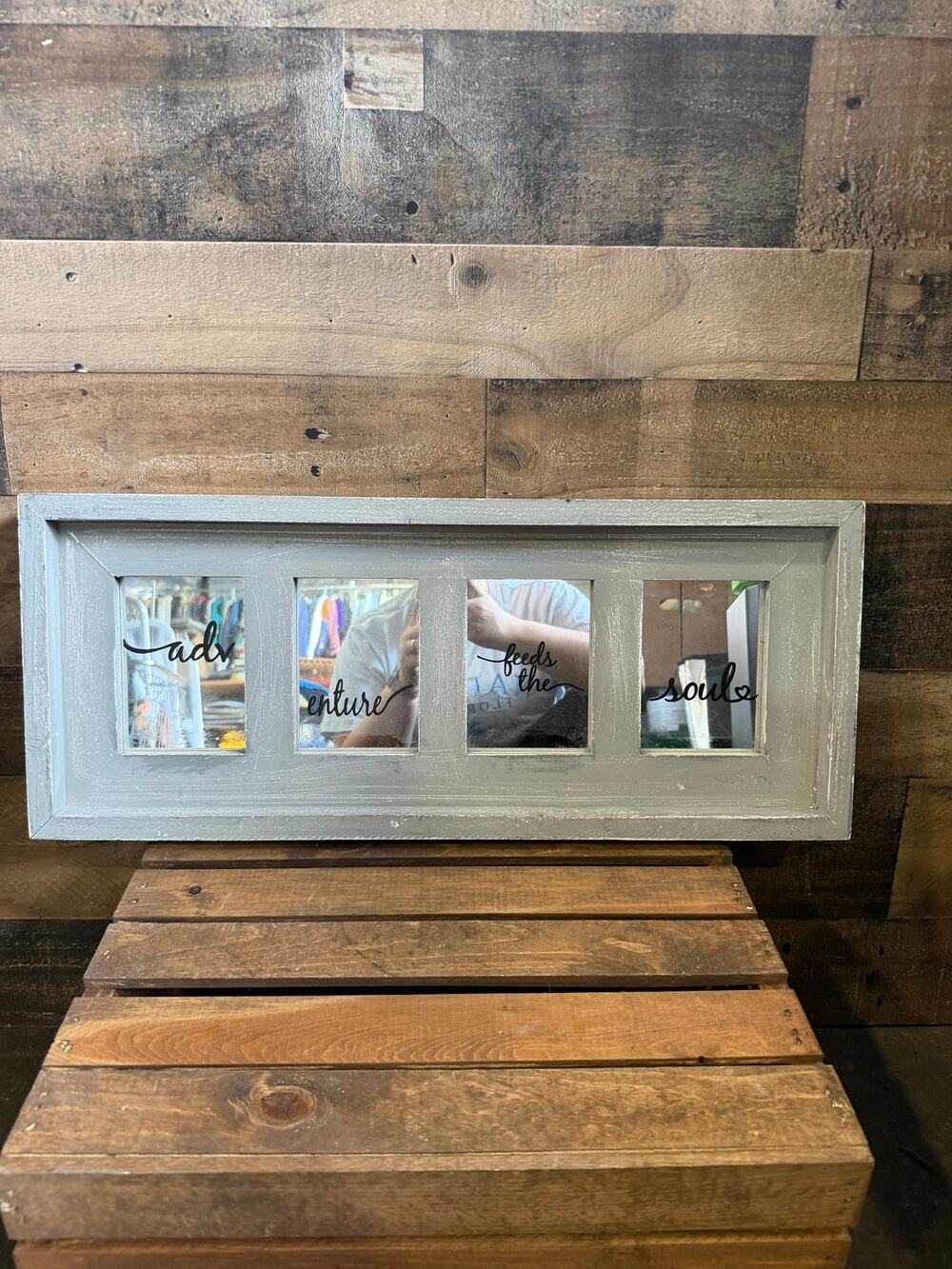 Adventure Feeds The Soul Rustic Grey Wood 4 Pane Window Mirror-Wall Decor -24x10